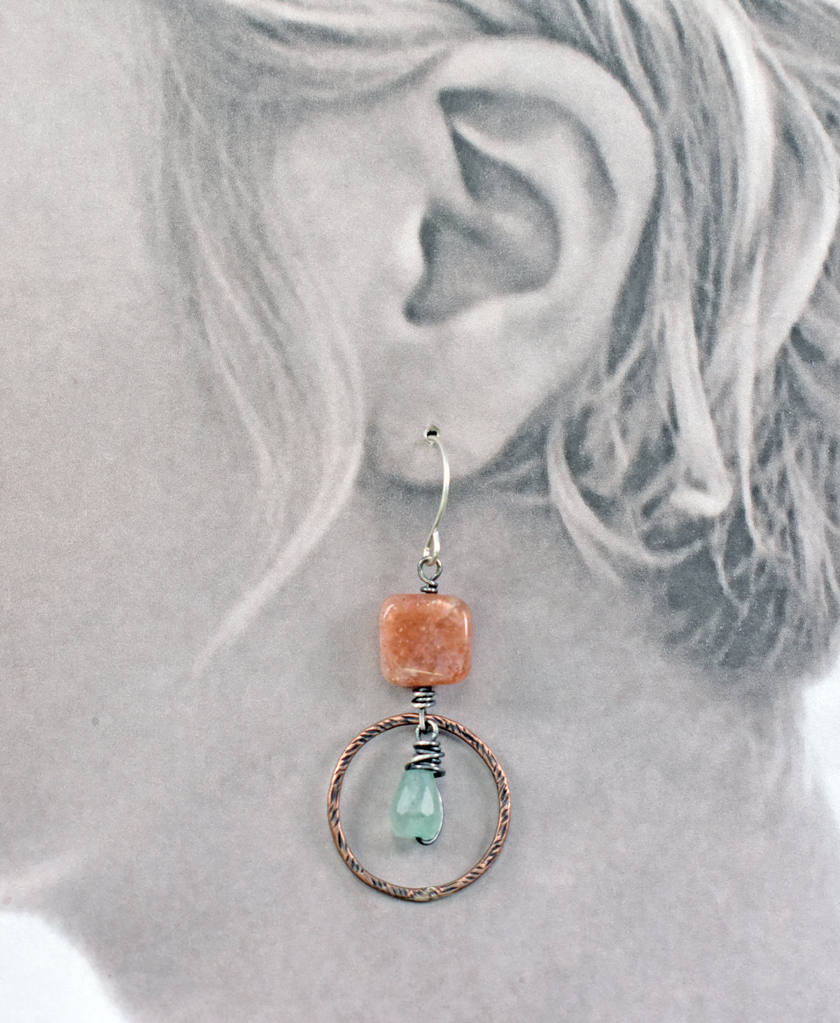 Sunstone and Green Chalcedony Asymmetrical Earrings, Unique Mixed Metal Copper Green and Orange Stone Jewelry