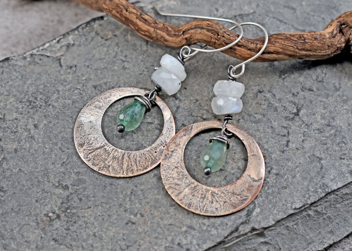 Rainbow Moonstone, Green Chalcedony, Mixed Metal Statement Earrings, Sterling Silver on Copper, Unique Gemstone Artisan Jewelry