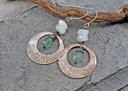 Rainbow Moonstone, Green Chalcedony, Mixed Metal Statement Earrings, Sterling Silver on Copper, Unique Gemstone Artisan Jewelry