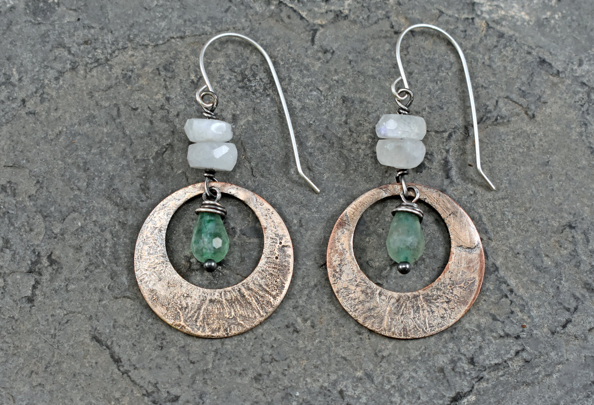 Rainbow Moonstone, Green Chalcedony, Mixed Metal Statement Earrings, Sterling Silver on Copper, Unique Gemstone Artisan Jewelry
