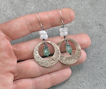 Rainbow Moonstone, Green Chalcedony, Mixed Metal Statement Earrings, Sterling Silver on Copper, Unique Gemstone Artisan Jewelry