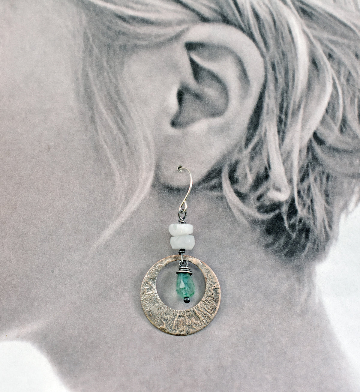 Rainbow Moonstone, Green Chalcedony, Mixed Metal Statement Earrings, Sterling Silver on Copper, Unique Gemstone Artisan Jewelry
