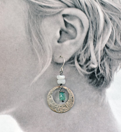 Rainbow Moonstone, Green Chalcedony, Mixed Metal Statement Earrings, Sterling Silver on Copper, Unique Gemstone Artisan Jewelry
