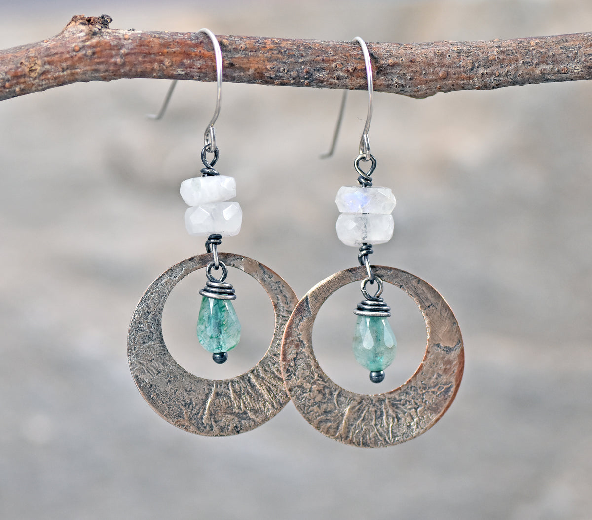 Rainbow Moonstone, Green Chalcedony, Mixed Metal Statement Earrings, Sterling Silver on Copper, Unique Gemstone Artisan Jewelry