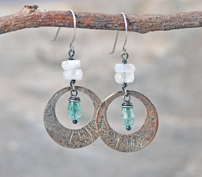 Rainbow Moonstone, Green Chalcedony, Mixed Metal Statement Earrings, Sterling Silver on Copper, Unique Gemstone Artisan Jewelry