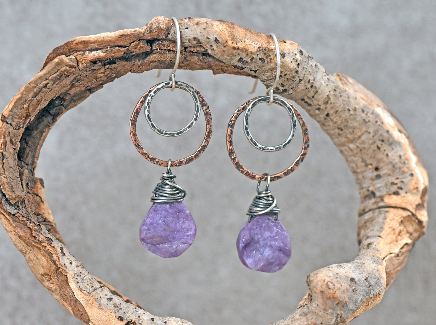 Charoite Mixed Metal Earrings, Natural Purple Gemstone Dangles, Rustic Sterling Silver Jewelry, Copper Statement Circle Earrings