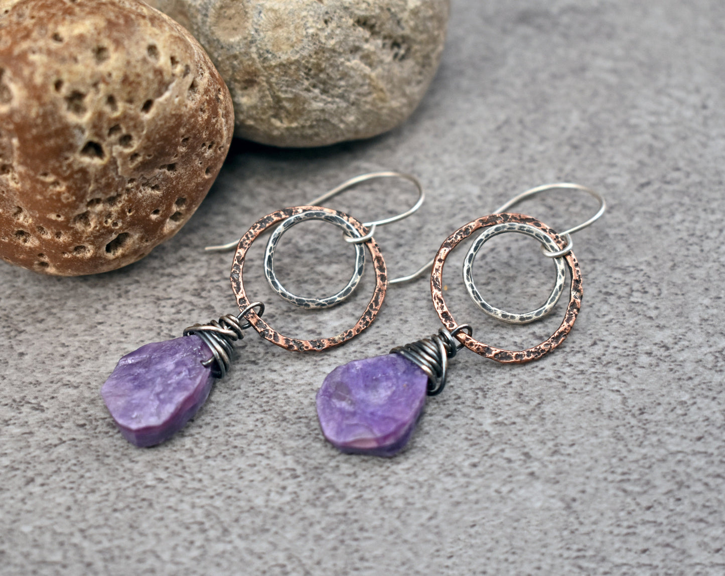 Charoite Mixed Metal Earrings, Natural Purple Gemstone Dangles, Rustic Sterling Silver Jewelry, Copper Statement Circle Earrings