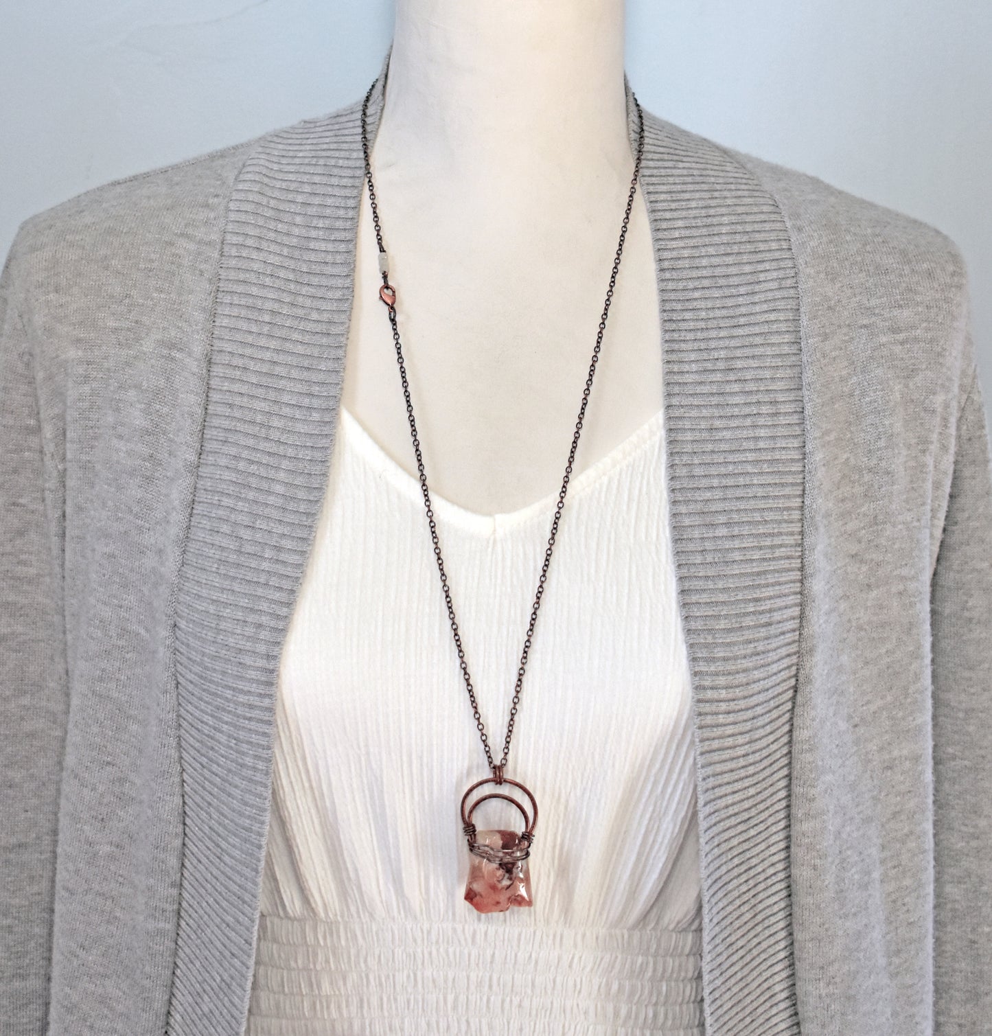 Cherry Blossom Agate Necklace, Hammered Copper Wire Pendant, Rustic Earthy Stone Jewelry