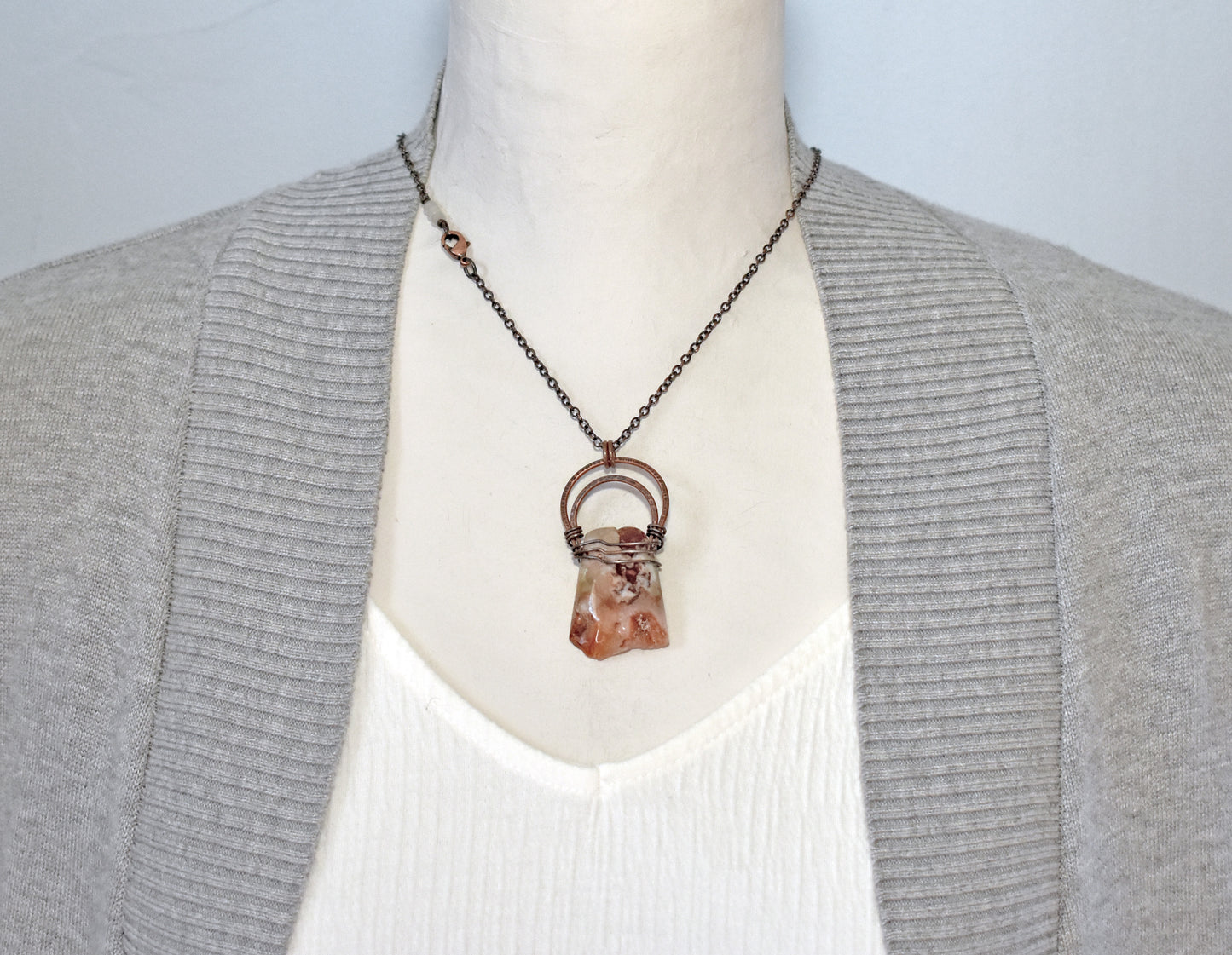 Cherry Blossom Agate Necklace, Hammered Copper Wire Pendant, Rustic Earthy Stone Jewelry