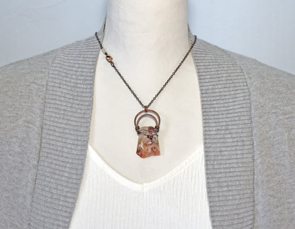 Cherry Blossom Agate Necklace, Hammered Copper Wire Pendant, Rustic Earthy Stone Jewelry
