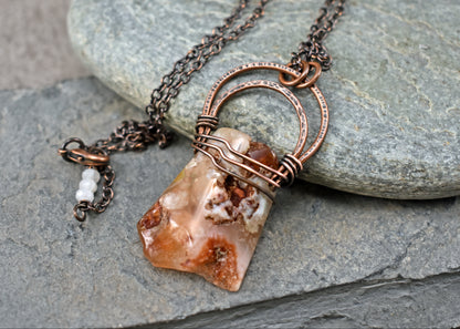 Cherry Blossom Agate Necklace, Hammered Copper Wire Pendant, Rustic Earthy Stone Jewelry
