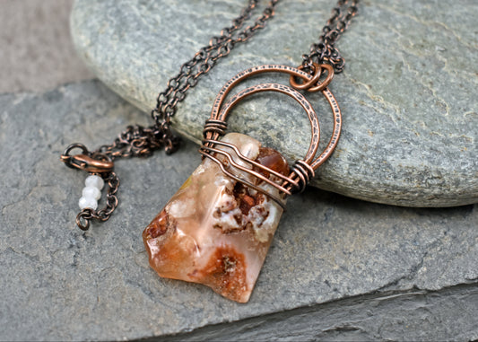 Cherry Blossom Agate Necklace, Hammered Copper Wire Pendant, Rustic Earthy Stone Jewelry