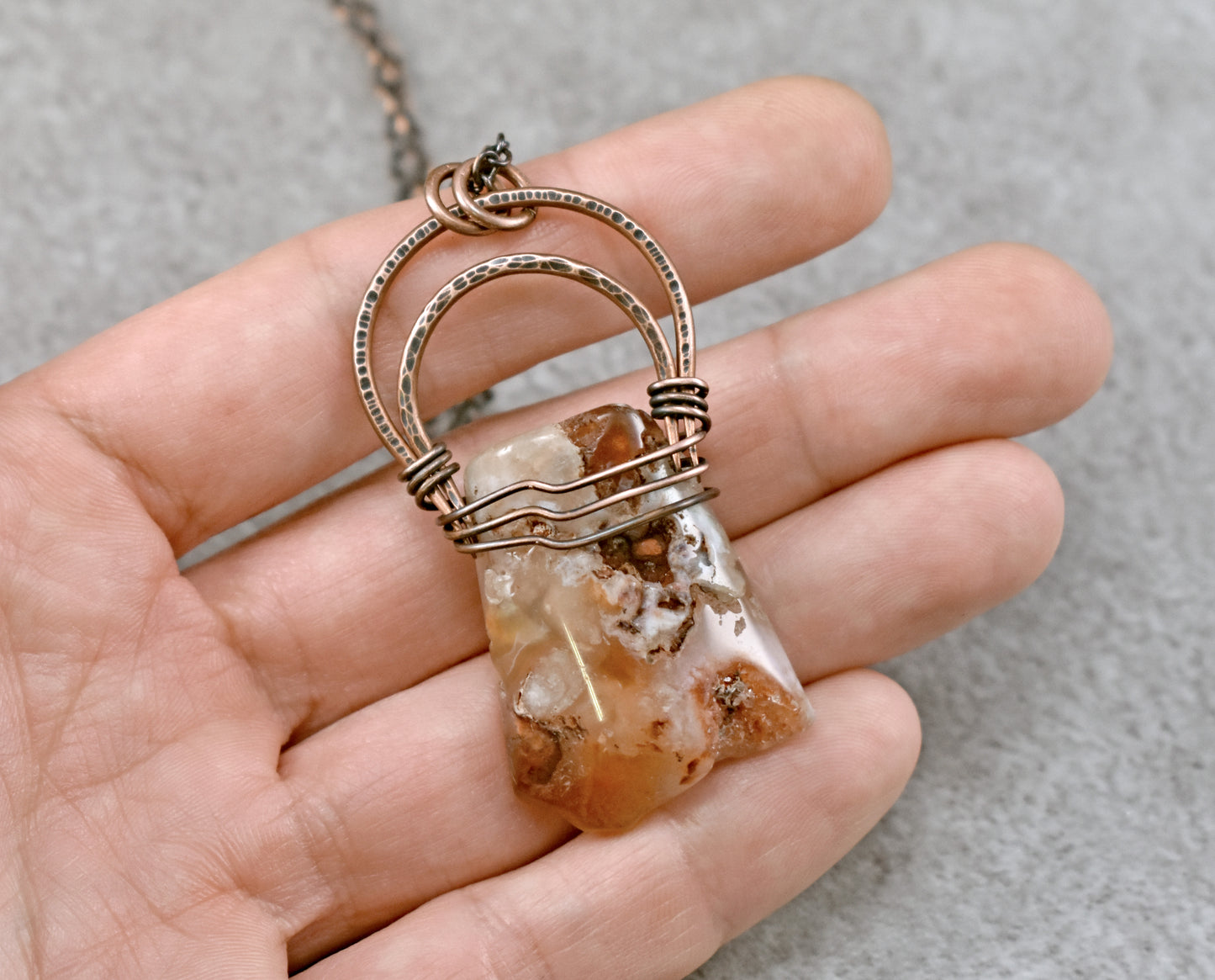 Cherry Blossom Agate Necklace, Hammered Copper Wire Pendant, Rustic Earthy Stone Jewelry