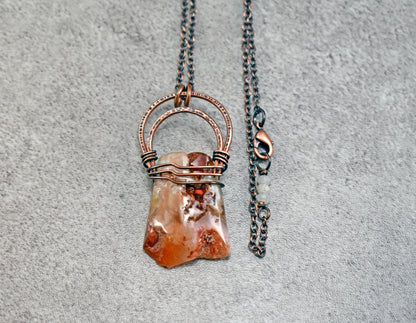 Cherry Blossom Agate Necklace, Hammered Copper Wire Pendant, Rustic Earthy Stone Jewelry