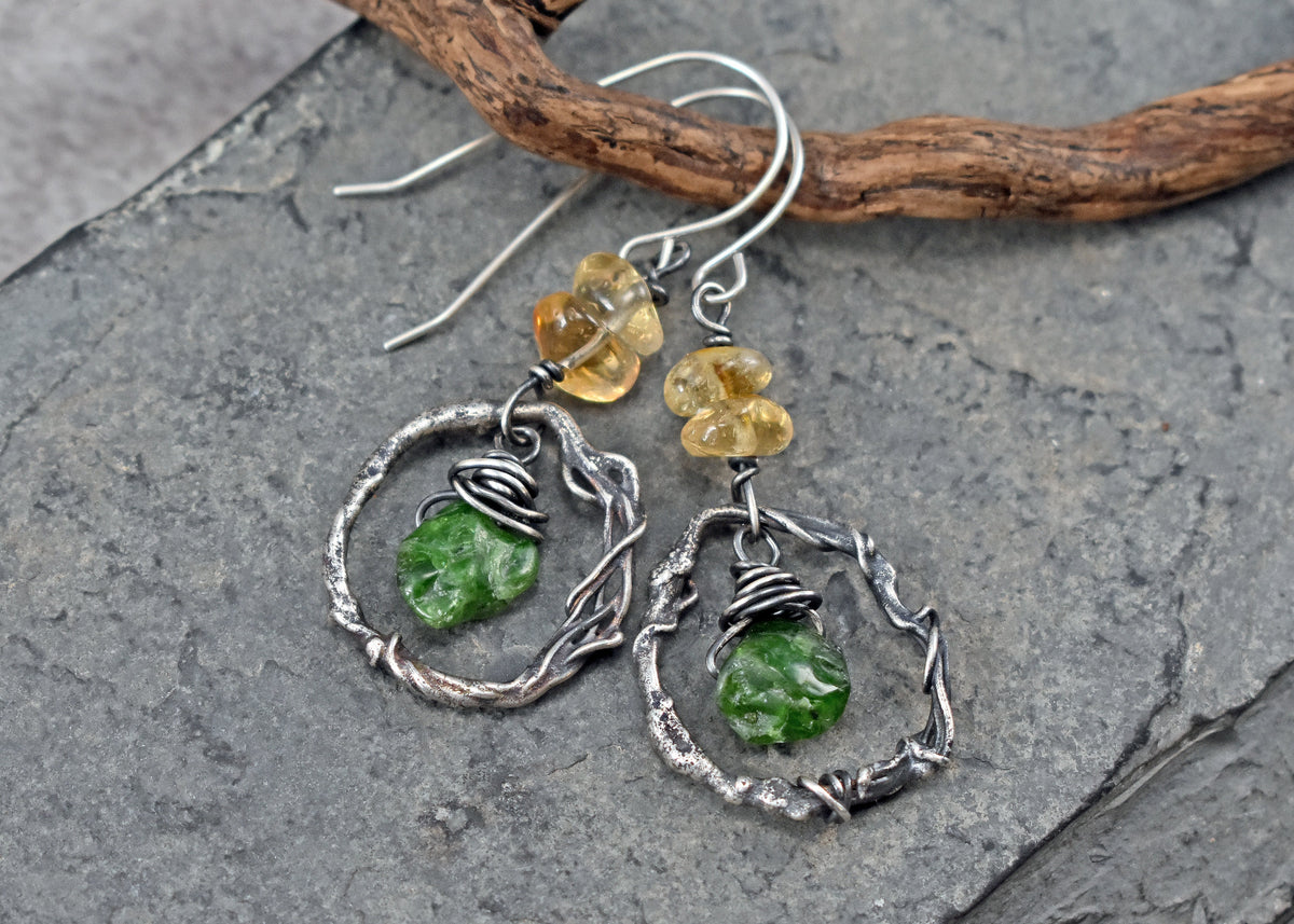 Citrine, Chrome Diopside and Sterling Silver Circle Earrings, Organic Green and Yellow Raw Gemstone Artisan Jewelry