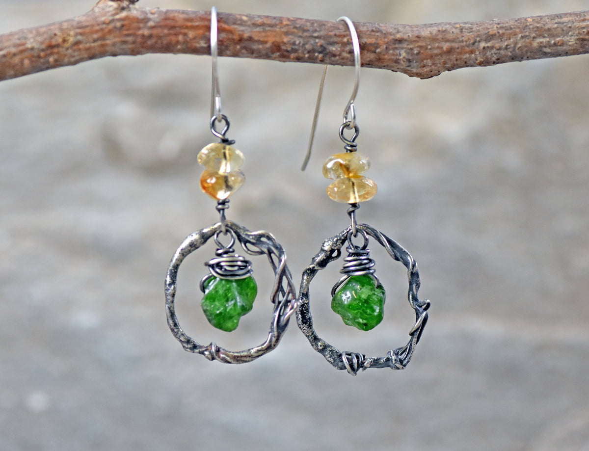 Citrine, Chrome Diopside and Sterling Silver Circle Earrings, Organic Green and Yellow Raw Gemstone Artisan Jewelry