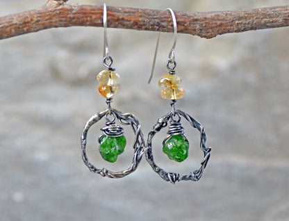 Citrine, Chrome Diopside and Sterling Silver Circle Earrings, Organic Green and Yellow Raw Gemstone Artisan Jewelry