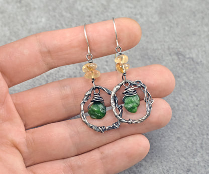 Citrine, Chrome Diopside and Sterling Silver Circle Earrings, Organic Green and Yellow Raw Gemstone Artisan Jewelry