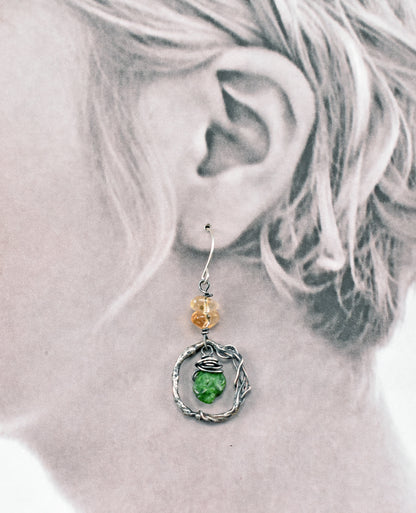 Citrine, Chrome Diopside and Sterling Silver Circle Earrings, Organic Green and Yellow Raw Gemstone Artisan Jewelry