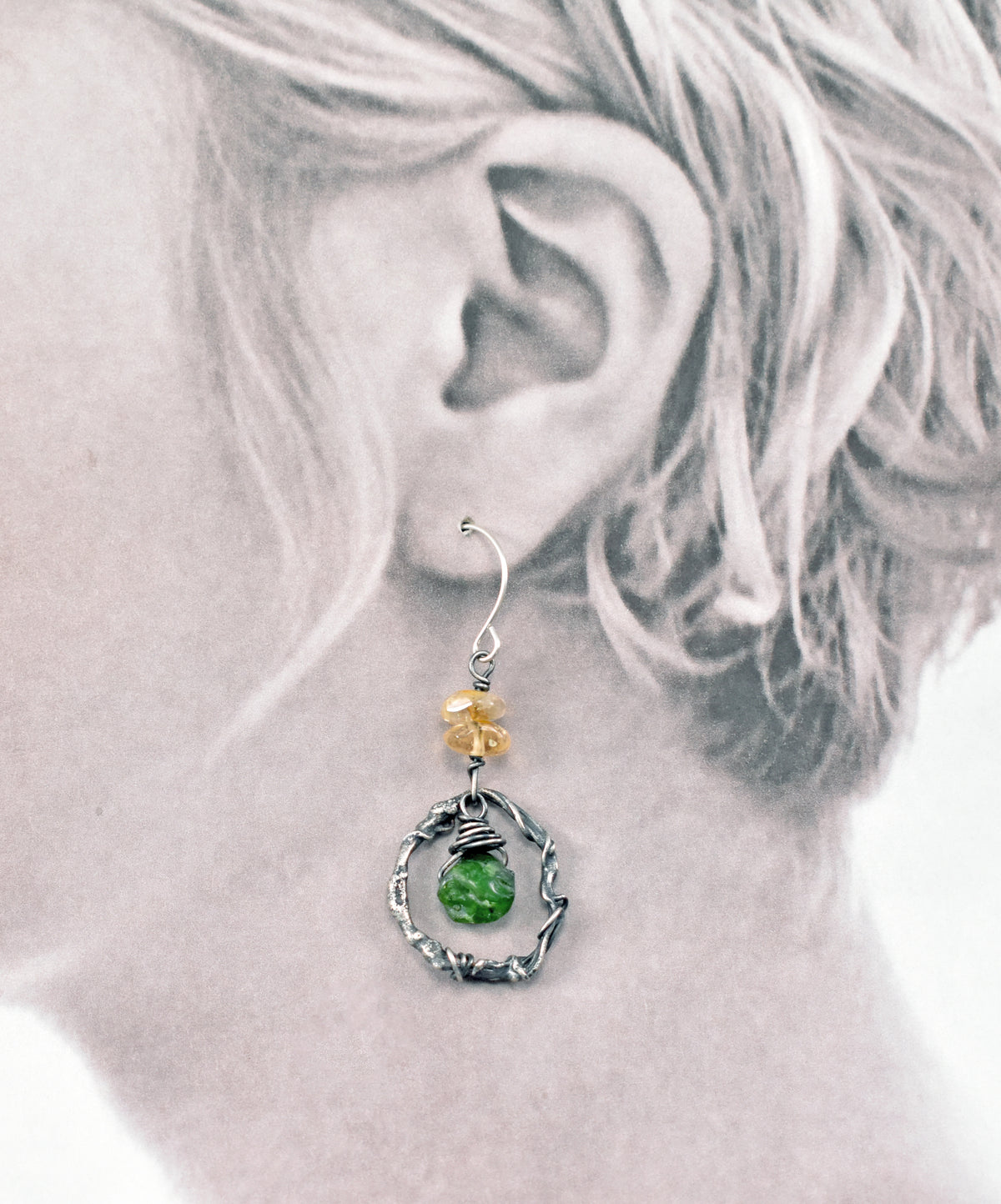 Citrine, Chrome Diopside and Sterling Silver Circle Earrings, Organic Green and Yellow Raw Gemstone Artisan Jewelry