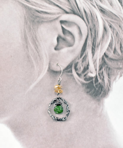 Citrine, Chrome Diopside and Sterling Silver Circle Earrings, Organic Green and Yellow Raw Gemstone Artisan Jewelry