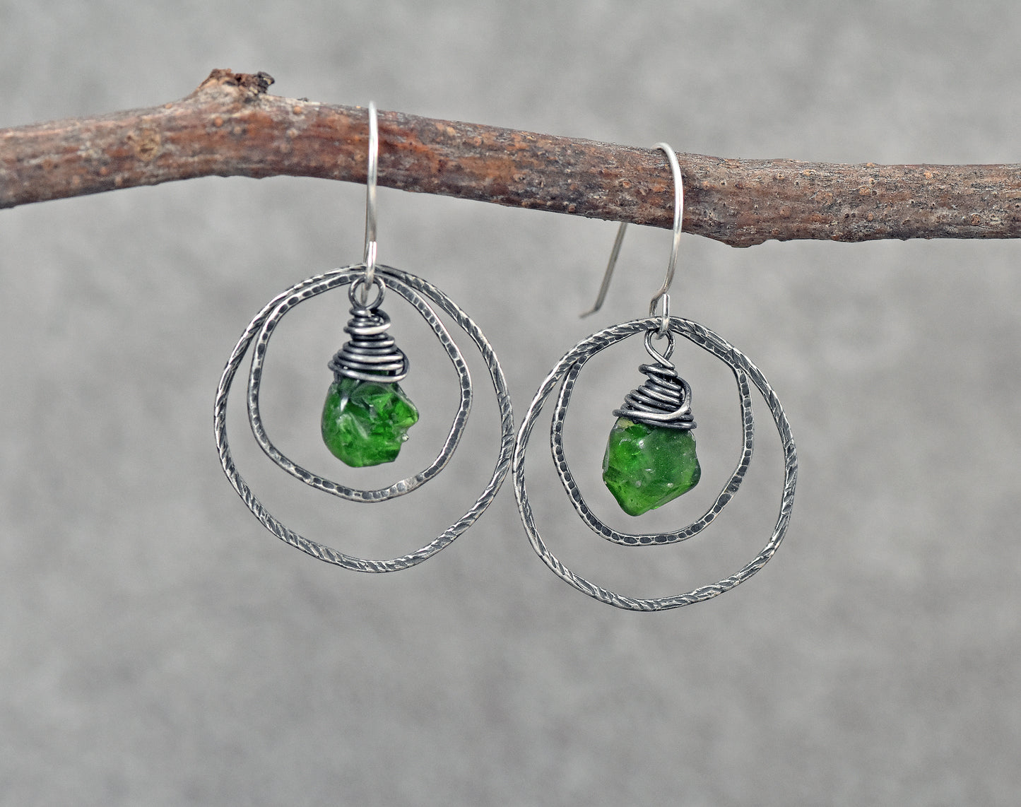 Chrome Diopside and Sterling Silver Double Hoop Earrings, Vibrant Green Lightweight Wire Wrap Jewelry