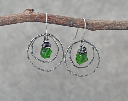 Chrome Diopside and Sterling Silver Double Hoop Earrings, Vibrant Green Lightweight Wire Wrap Jewelry