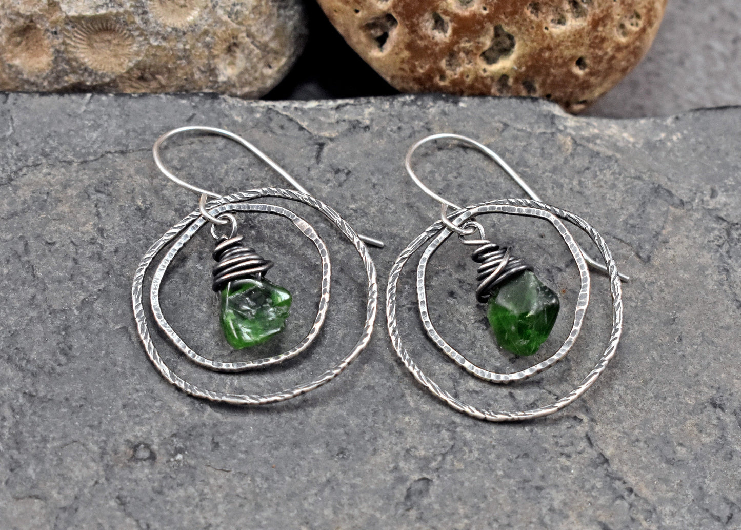 Chrome Diopside and Sterling Silver Double Hoop Earrings, Vibrant Green Lightweight Wire Wrap Jewelry