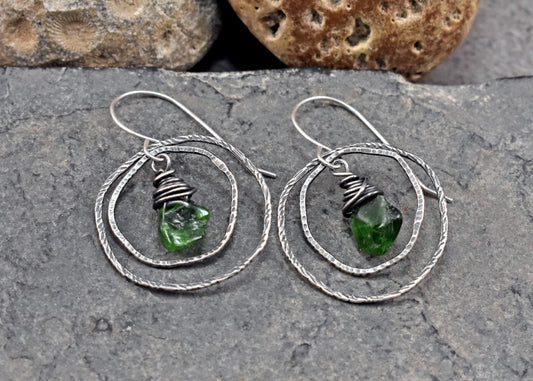 Chrome Diopside and Sterling Silver Double Hoop Earrings, Vibrant Green Lightweight Wire Wrap Jewelry