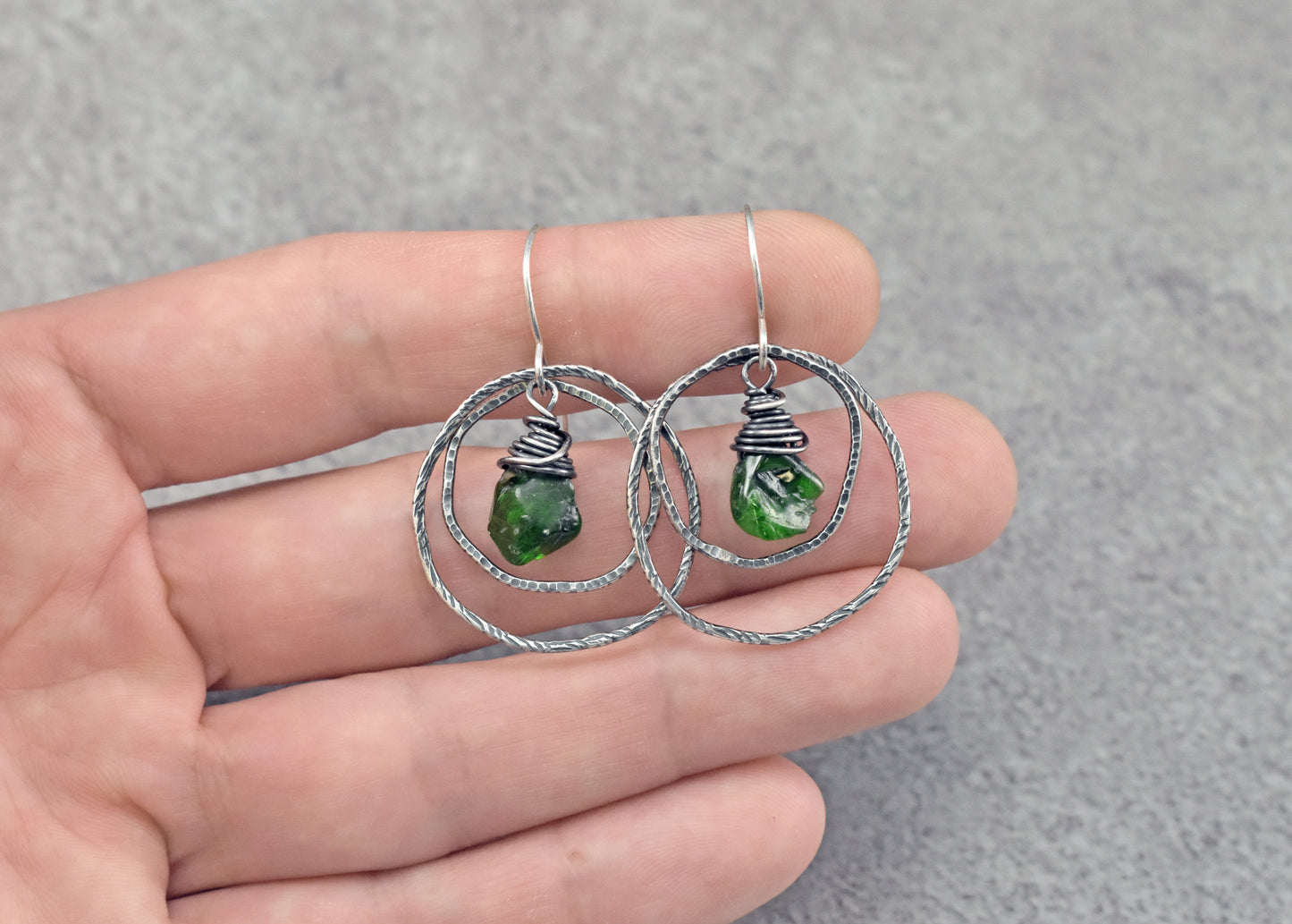Chrome Diopside and Sterling Silver Double Hoop Earrings, Vibrant Green Lightweight Wire Wrap Jewelry