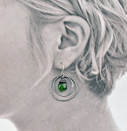 Chrome Diopside and Sterling Silver Double Hoop Earrings, Vibrant Green Lightweight Wire Wrap Jewelry