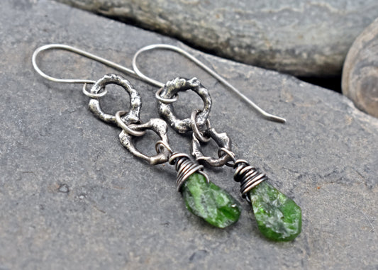 Chrome Diopside and Sterling Silver Earrings, Raw Green Stone Dangles, Organic Artisan Silversmith Jewelry