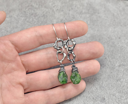 Chrome Diopside and Sterling Silver Earrings, Raw Green Stone Dangles, Organic Artisan Silversmith Jewelry