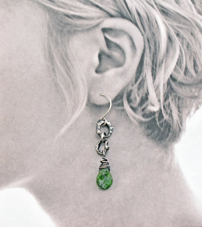Chrome Diopside and Sterling Silver Earrings, Raw Green Stone Dangles, Organic Artisan Silversmith Jewelry