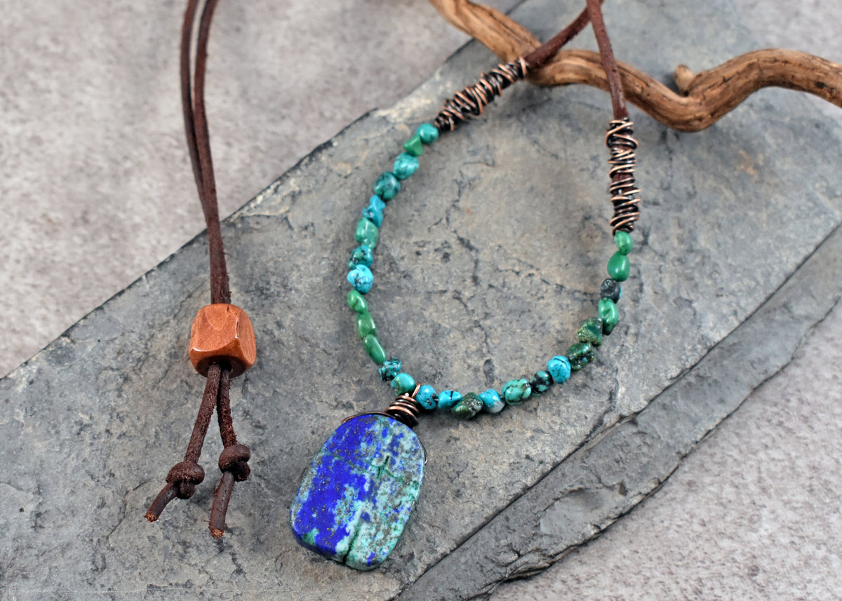Chrysocolla, Leather and Copper Necklace, Natural Blue Green Stone Pendant, Rustic Handmade Jewelry