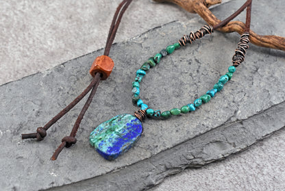 Chrysocolla, Leather and Copper Necklace, Natural Blue Green Stone Pendant, Rustic Handmade Jewelry