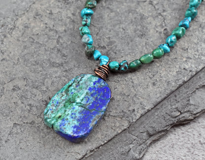 Chrysocolla, Leather and Copper Necklace, Natural Blue Green Stone Pendant, Rustic Handmade Jewelry