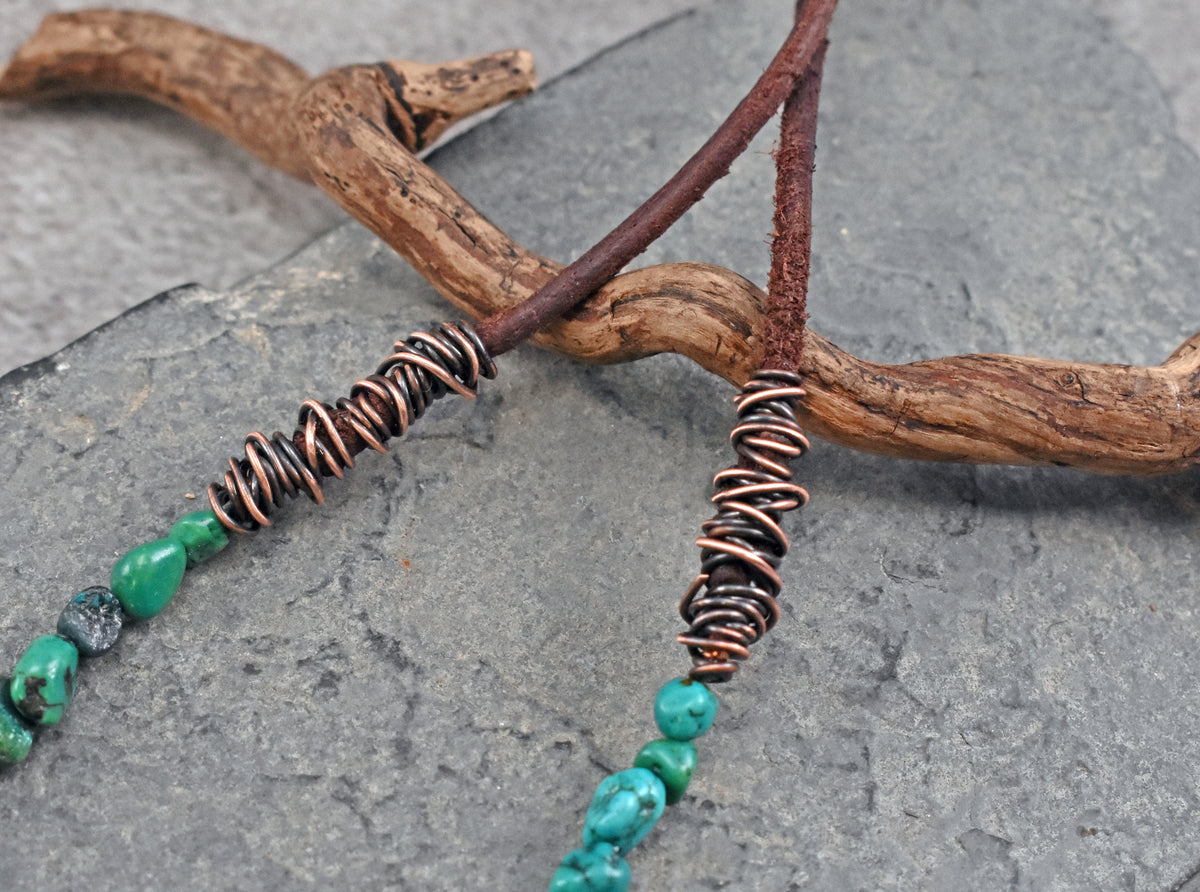 Chrysocolla, Leather and Copper Necklace, Natural Blue Green Stone Pendant, Rustic Handmade Jewelry