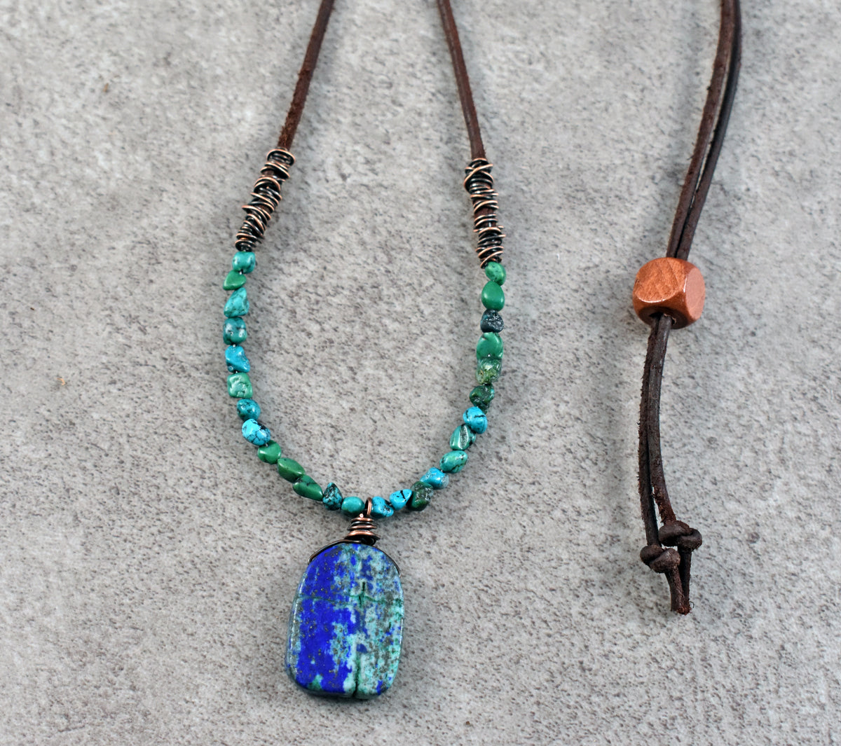 Chrysocolla, Leather and Copper Necklace, Natural Blue Green Stone Pendant, Rustic Handmade Jewelry