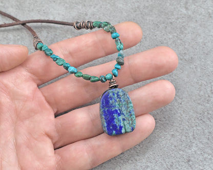 Chrysocolla, Leather and Copper Necklace, Natural Blue Green Stone Pendant, Rustic Handmade Jewelry