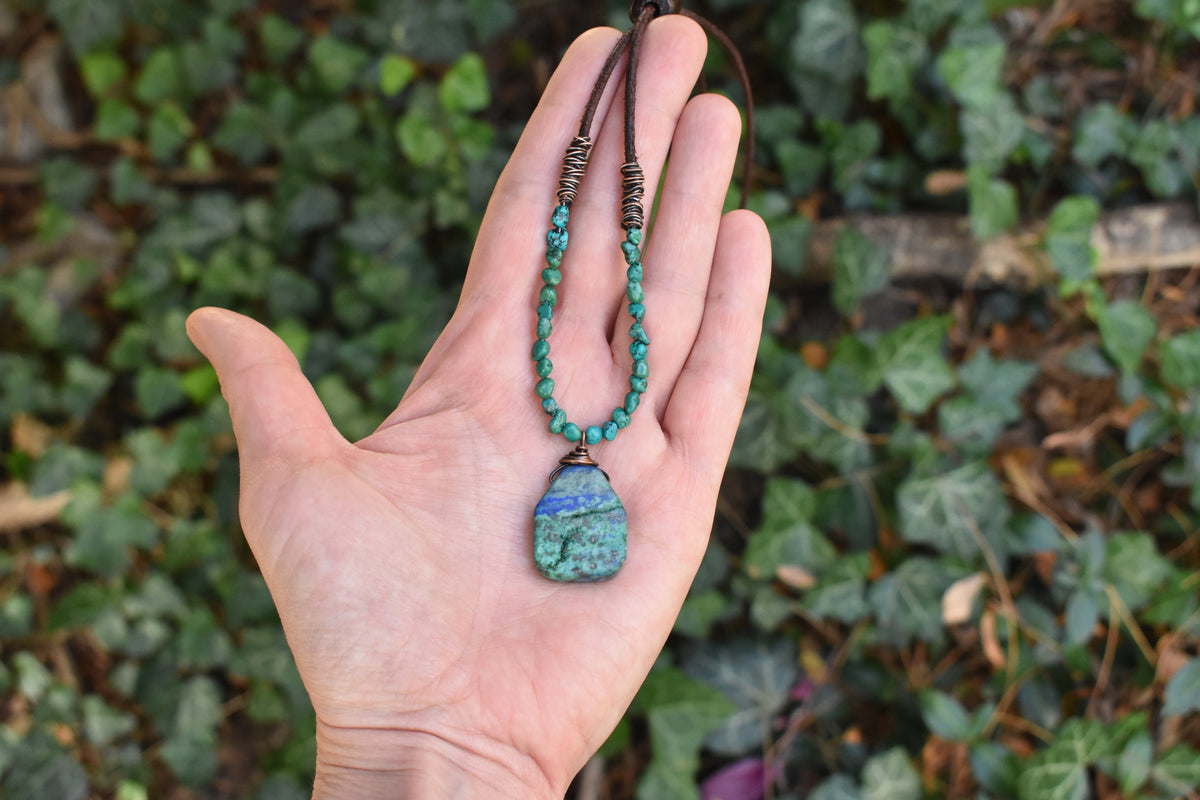 Chrysocolla Azurite, Leather and Copper Necklace, Natural Blue Green Stone Pendant, Rustic Artisan Jewelry