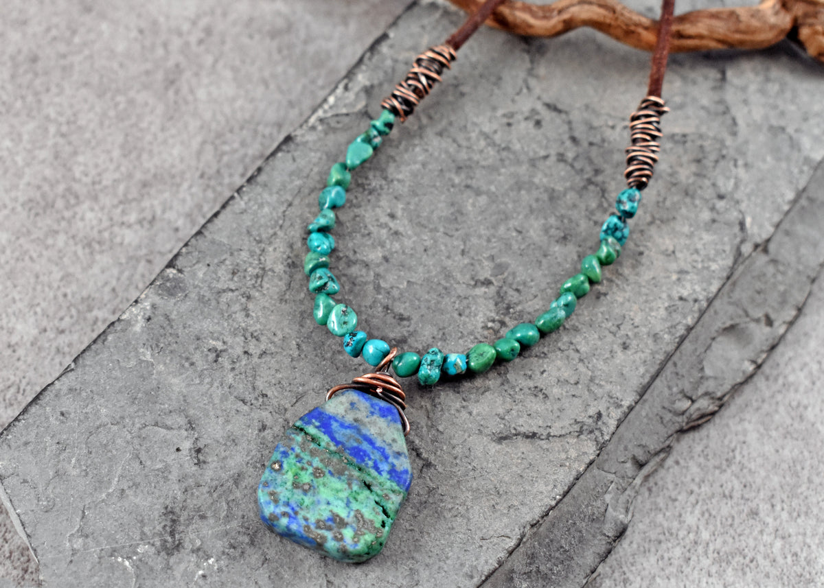 Chrysocolla Azurite, Leather and Copper Necklace, Natural Blue Green Stone Pendant, Rustic Artisan Jewelry