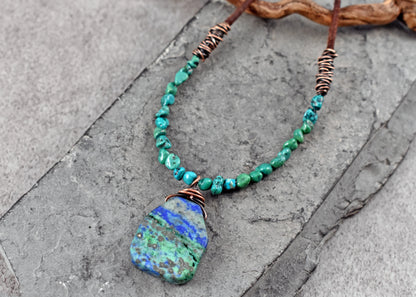 Chrysocolla Azurite, Leather and Copper Necklace, Natural Blue Green Stone Pendant, Rustic Artisan Jewelry