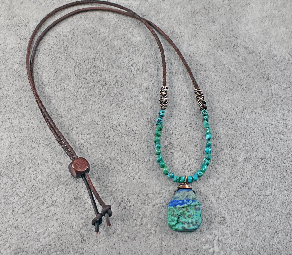 Chrysocolla Azurite, Leather and Copper Necklace, Natural Blue Green Stone Pendant, Rustic Artisan Jewelry