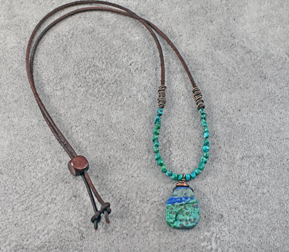 Chrysocolla Azurite, Leather and Copper Necklace, Natural Blue Green Stone Pendant, Rustic Artisan Jewelry