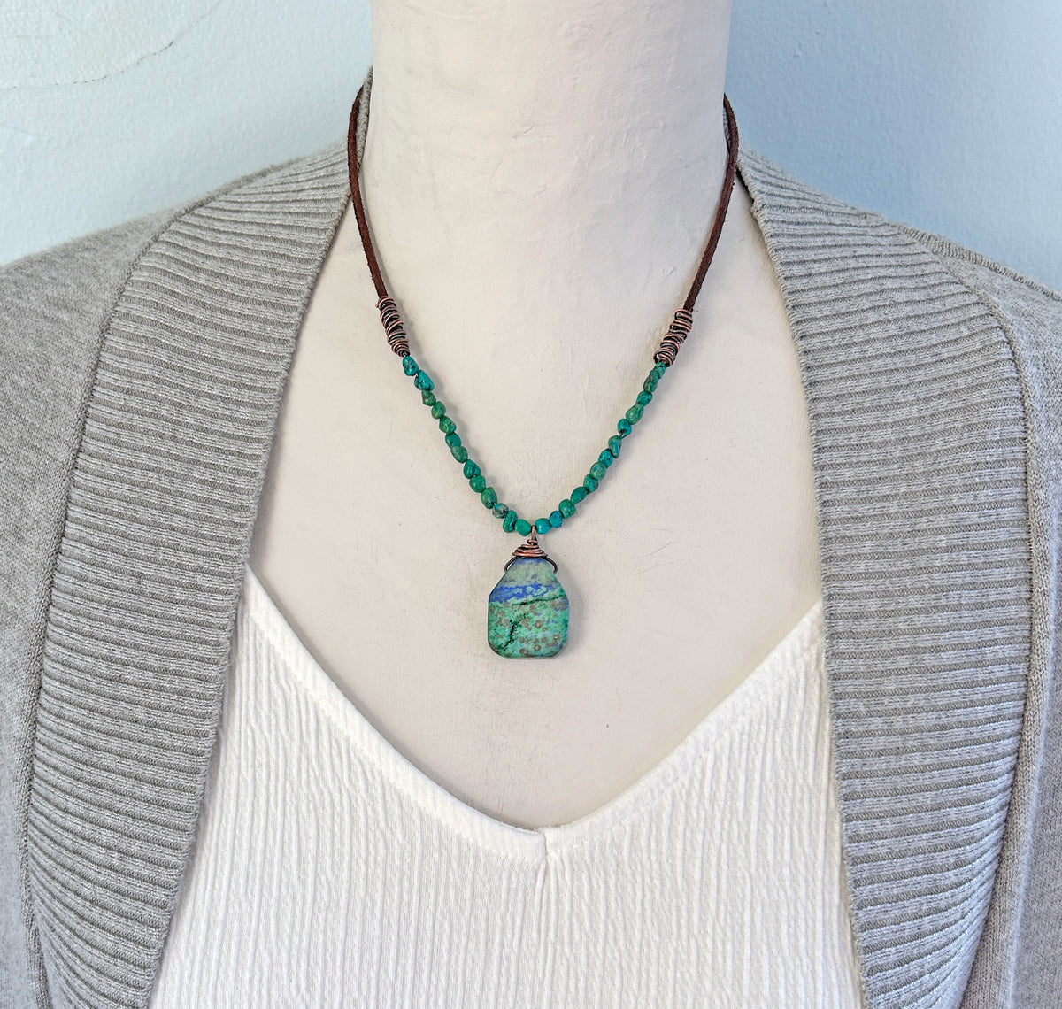 Chrysocolla Azurite, Leather and Copper Necklace, Natural Blue Green Stone Pendant, Rustic Artisan Jewelry