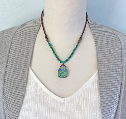 Chrysocolla Azurite, Leather and Copper Necklace, Natural Blue Green Stone Pendant, Rustic Artisan Jewelry