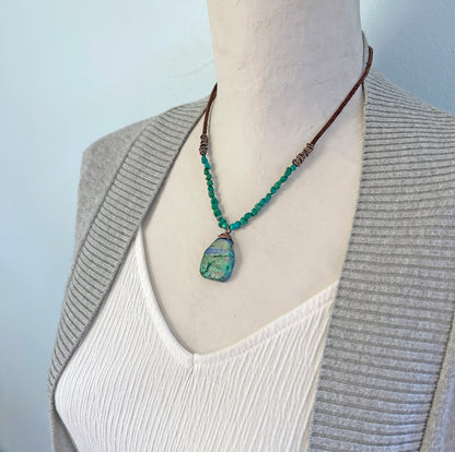 Chrysocolla Azurite, Leather and Copper Necklace, Natural Blue Green Stone Pendant, Rustic Artisan Jewelry