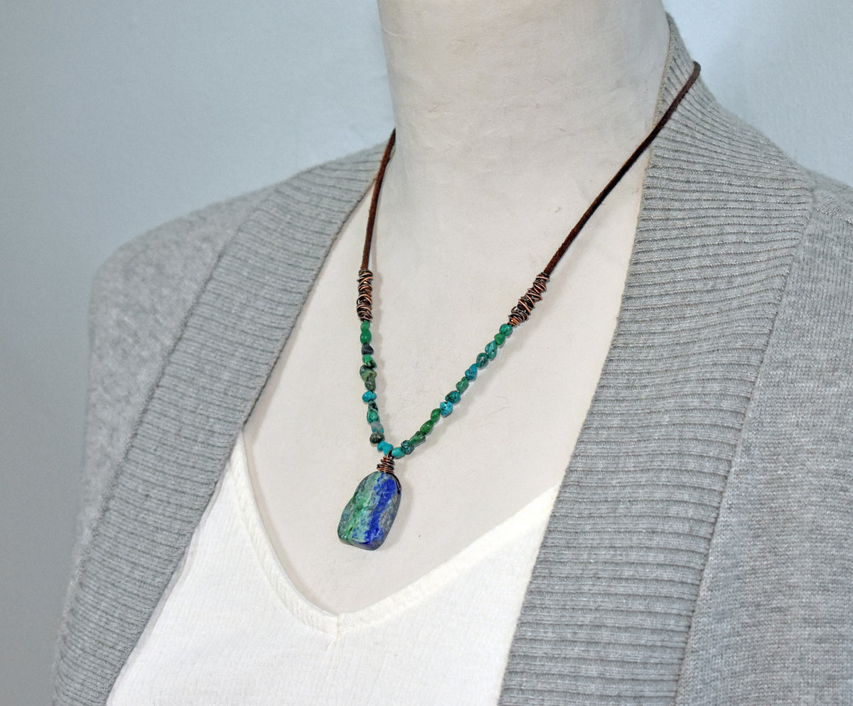 Chrysocolla, Leather and Copper Necklace, Natural Blue Green Stone Pendant, Rustic Handmade Jewelry