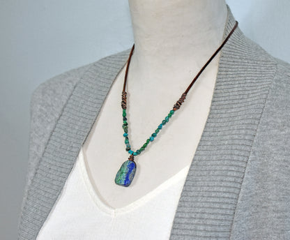 Chrysocolla, Leather and Copper Necklace, Natural Blue Green Stone Pendant, Rustic Handmade Jewelry